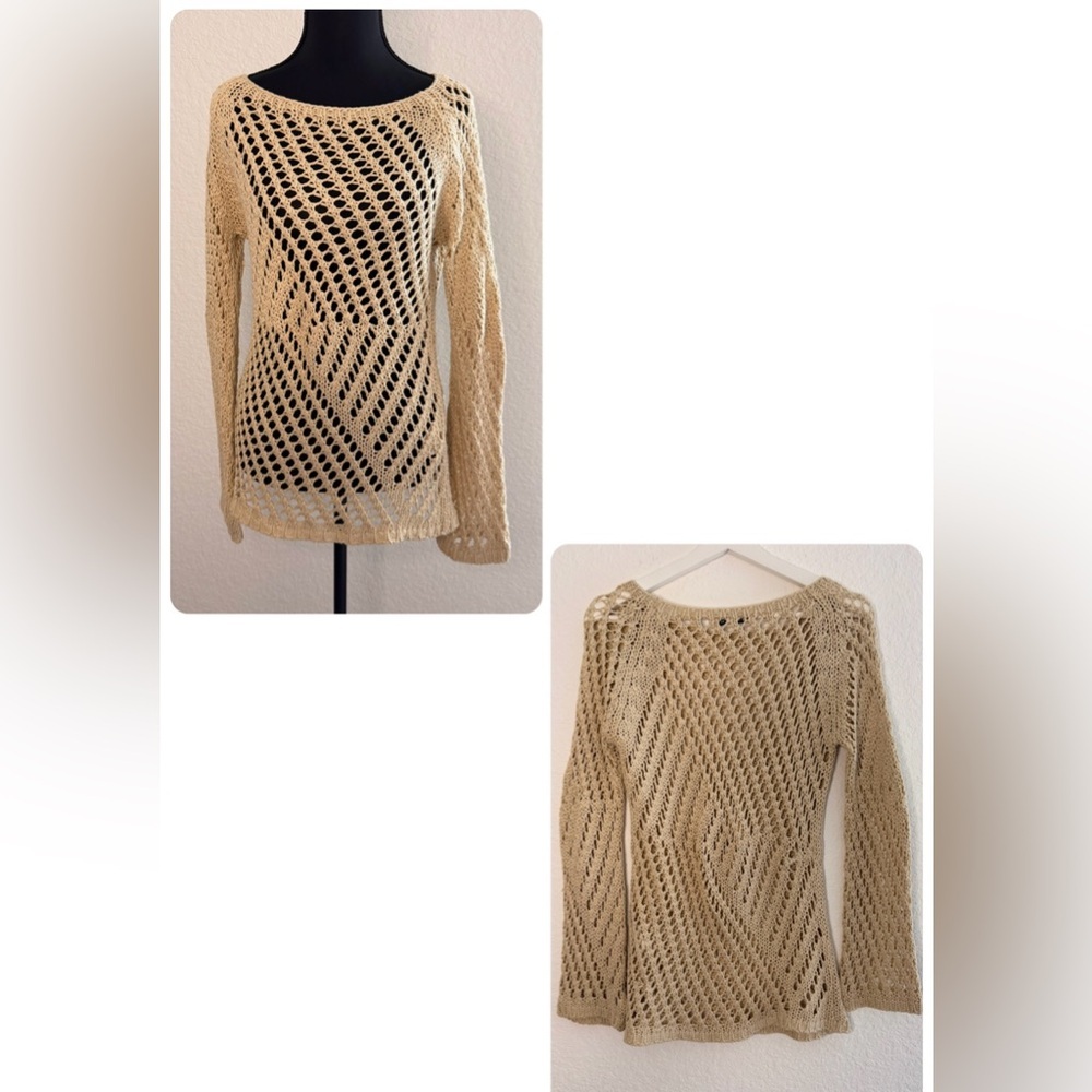 Amitié Tan Crochet Knit Open Sweater | Boho Chic Lightweight Cardigan